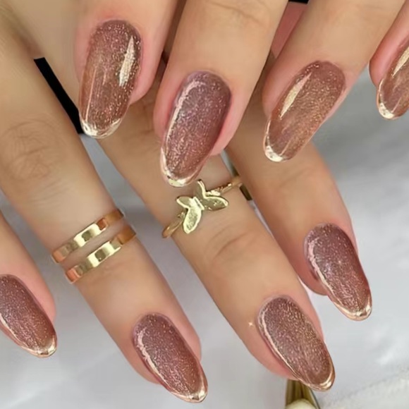 Accessories - Glossy Nude Glitter Golden Edge Press On Nails